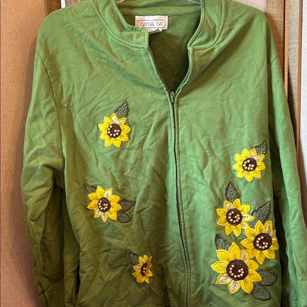 Mandalay Bay French terry Green Jacket with Sunflower Embroidery and beading xl